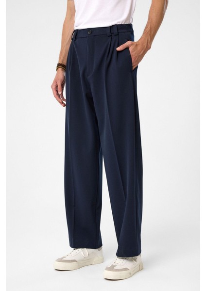 Lacivert Yüksel Bel Relax Fit Pileli Erkek Pantolon