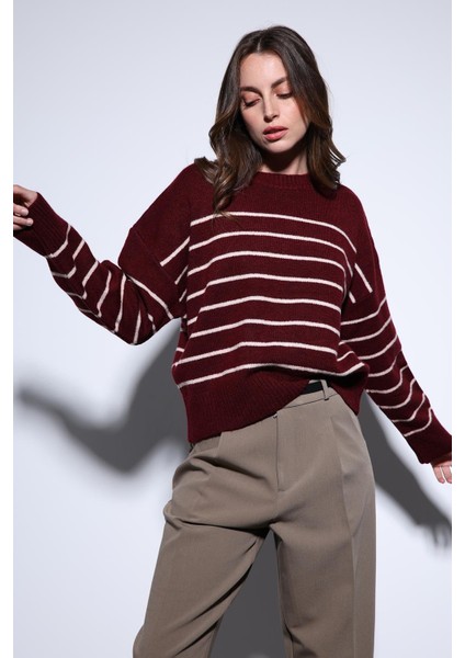 Bordo Çizgili Triko Kazak