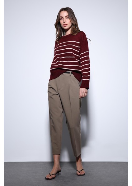 Bordo Çizgili Triko Kazak modelleri