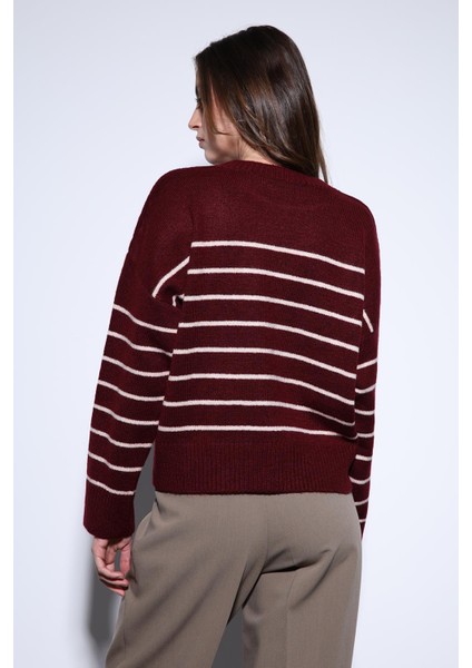 Bordo Çizgili Triko Kazak indirimleri