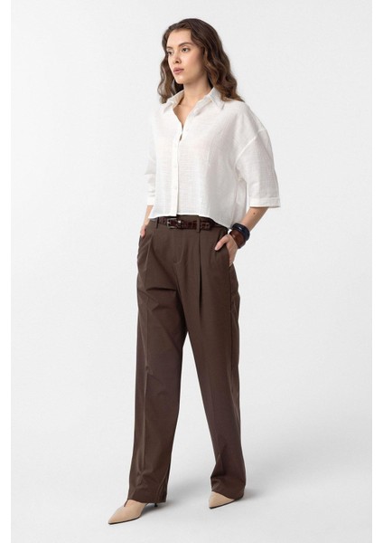 Kahve Yüksek Bel Pilili Kadın Pantolon fiyatları