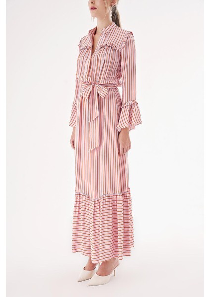 Çizgili Beli Lastikli Büzgülü Uzun Elbise 94541 modelleri