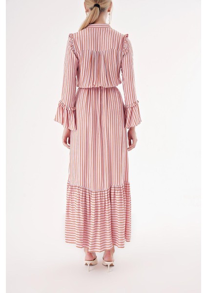 Çizgili Beli Lastikli Büzgülü Uzun Elbise 94541 fırsatları