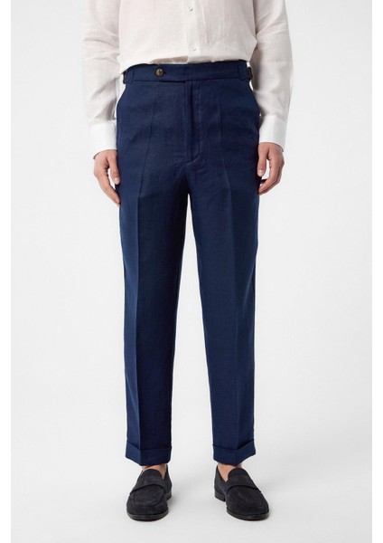 Lacivert 100% Keten Italyan Kesim Erkek Pantolon
