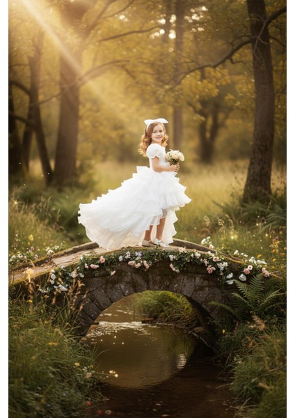 Beyaz Masal Kız Çocuk Abiye - Kat Kat Tüllü Kız Çocuk Doğum Günü Elbisesi - Balo Mezuniyet Elbisesi