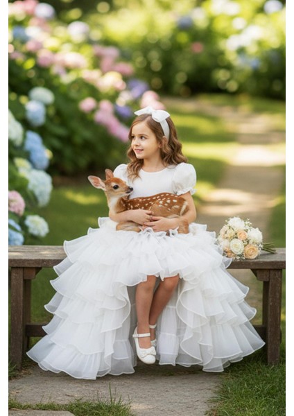 Beyaz Masal Kız Çocuk Abiye - Kat Kat Tüllü Kız Çocuk Doğum Günü Elbisesi - Balo Mezuniyet Elbisesi fırsatları
