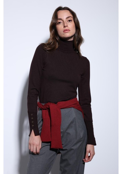 Açık Kahve Dik Yaka Triko Kazak modelleri