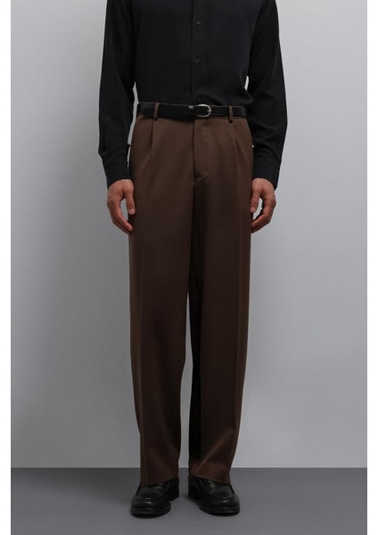 Kahve Relax Fit Baggy Pilili Erkek Pantolon