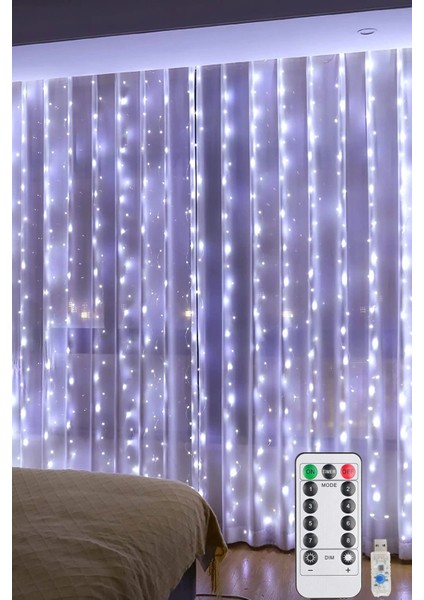 Beyaz Perde LED 3x3 Metre USB Kumandalı 8 Mod Animasyonlu Peri LED Işık