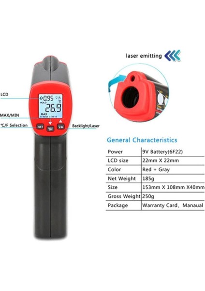 Unı-T UT300S Infrared Lazer Termometre Kızılötesi Temassız Sıcaklık Ölçer 153*108*40MM fırsatları