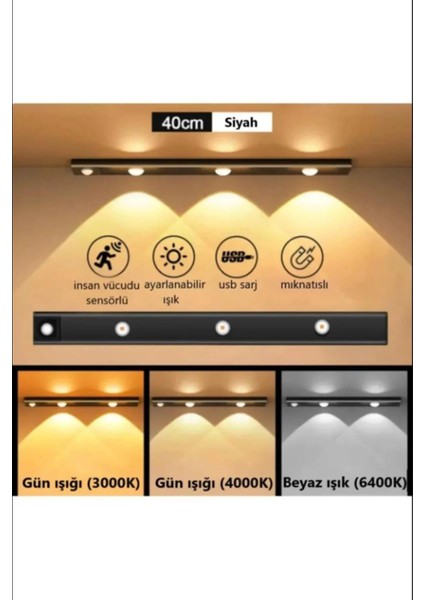 Hareket Sensörlü - Dekoratif Gece Lambası - USB Şarjlı LED Aydınlatma Siyah Kasa 40CM Şarjlı Dolap L fiyatları