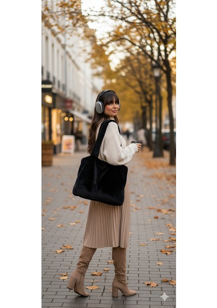 Midnight Laptop Tote / Kadın Peluş Toscana Bilgisayar Çantası 42X34 Sap 65 cm