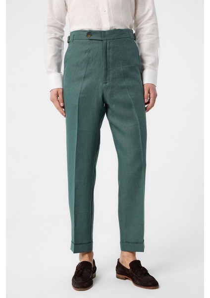 Yeşil 100% Keten Italyan Kesim Erkek Pantolon