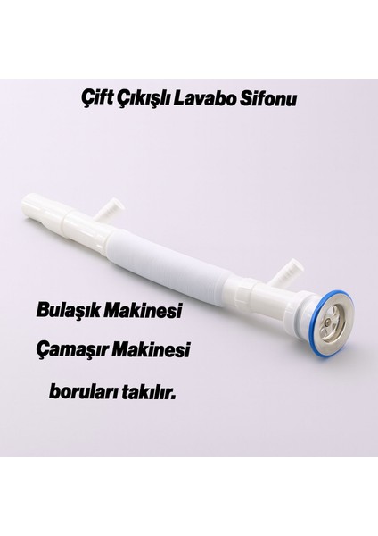Lavabo Sifonu Çift Çıkışlı Körüklü Hortum Çamaşır ve Bulaşık Makinesi Uyumlu Süzgeç Koku Yapmaz fiyatları