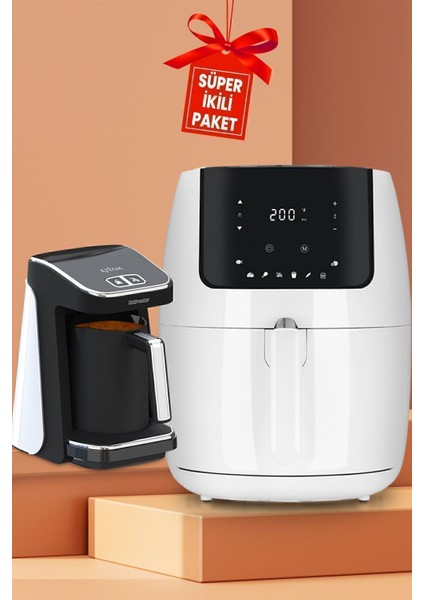Beyaz 7l Ikili Set, Xxl Hava Fritözü ve Türk Kahve Makinesi, 5 Fincan Kapasiteli