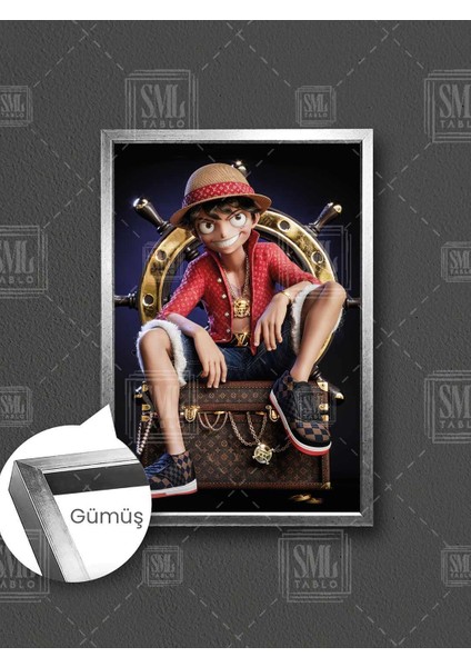 Hazine Sandığında Oturan Hasır Şapkalı Luffy One Piece Çerçeveli Dikey Kanvas Tablo