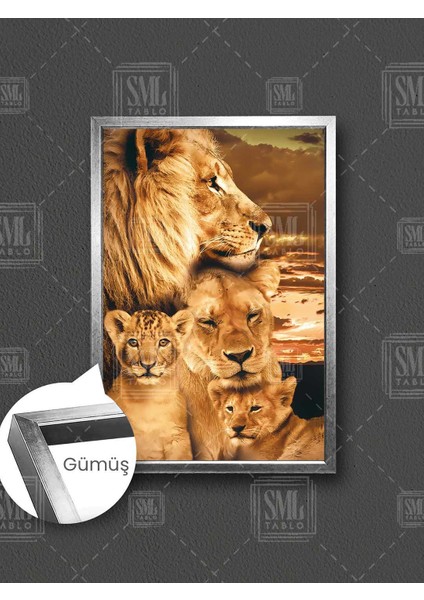 Birbirine Sarılan Güçlü Aslan Kraliçe Kaplan ve Yavru Aslanlar Çerçeveli Dikey Kanvas Tablo