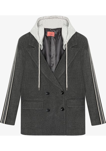 Kapüşonlu Şeritli Oversize Blazer Ceket Koyu Gri