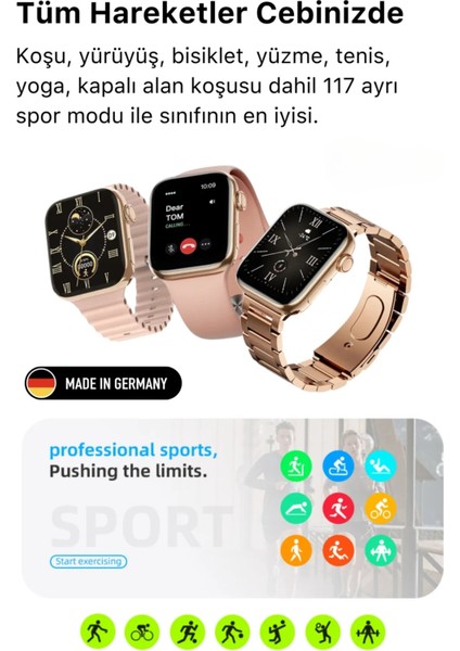 Şık 3 Kordonlu Kadın Akıllı Saat Spor ve Sağlık Sensörlü Pembe