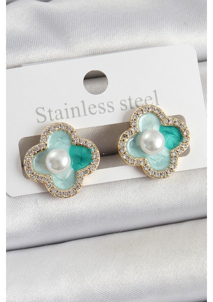 Pirinç Yeşil Mineli Inci Detaylı Zirkon Taşlı Sanatsal Portre Yonca Model Gold Renk Kadın Küpe - Lisinya