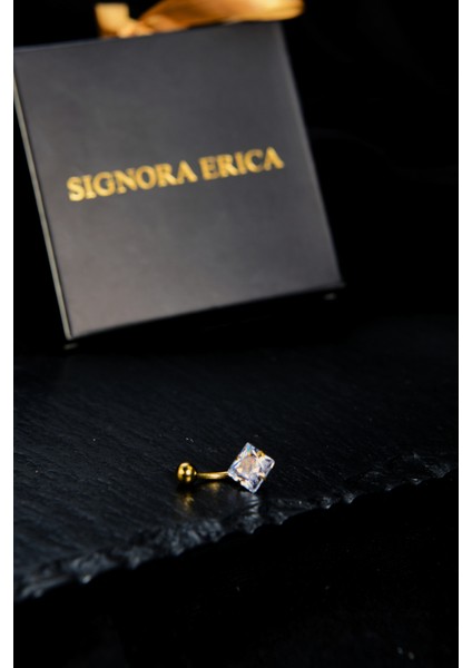 Bir Ucu Top Bir Ucu Kare Zirkon Taşlı Göbek Piercing