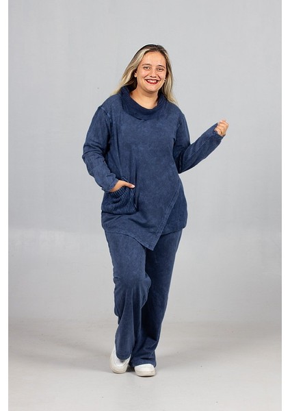 Pamuk Yıkamalı 2 Iplik Penye Degaje Yaka Büyük Beden Lacivert Takım