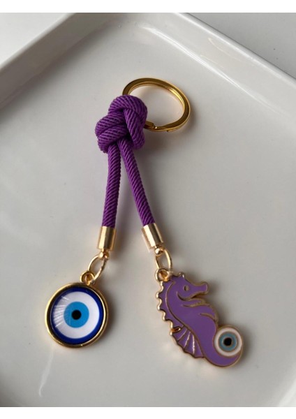Hediyelik Çift Nazar Boncuklu Şans Mor Denizatı Anahtarlık 10,5 cm