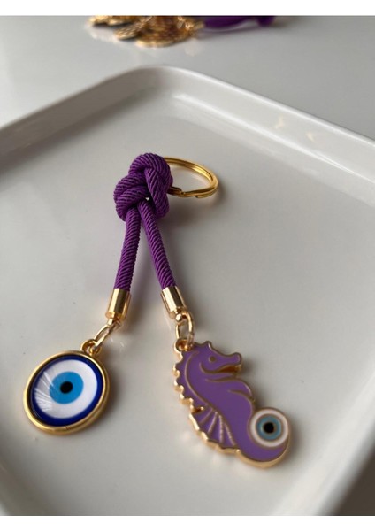 Hediyelik Çift Nazar Boncuklu Şans Mor Denizatı Anahtarlık 10,5 cm fiyatları