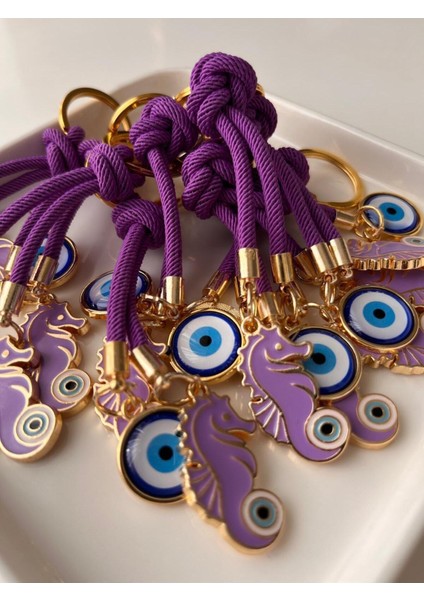 Hediyelik Çift Nazar Boncuklu Şans Mor Denizatı Anahtarlık 10,5 cm modelleri