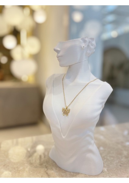 Kelebek Desenli Zirkon Taşlı Çelik Kararmaz Tasarım Özel Zincirli Kolye 1 Adet