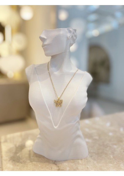 Kelebek Desenli Zirkon Taşlı Çelik Kararmaz Tasarım Özel Zincirli Kolye 1 Adet modelleri