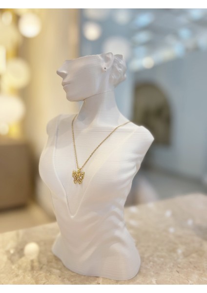 Kelebek Desenli Zirkon Taşlı Çelik Kararmaz Tasarım Özel Zincirli Kolye 1 Adet