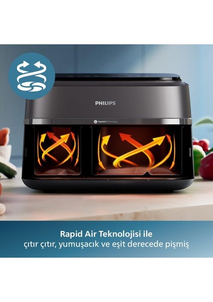 Çift Hazneli 9l Hava Pişirici, Hızlı ve Pratik Kullanım, Siyah