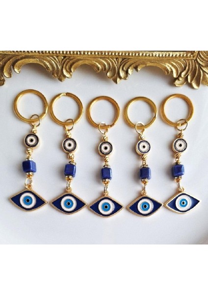 Hediyelik 5'li Nazar Boncuklu Göz Detaylı Lacivert Anahtarlık 10,5 cm