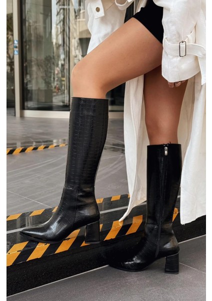 Oresi Siyah Kroko Topuklu Kadın Çizme