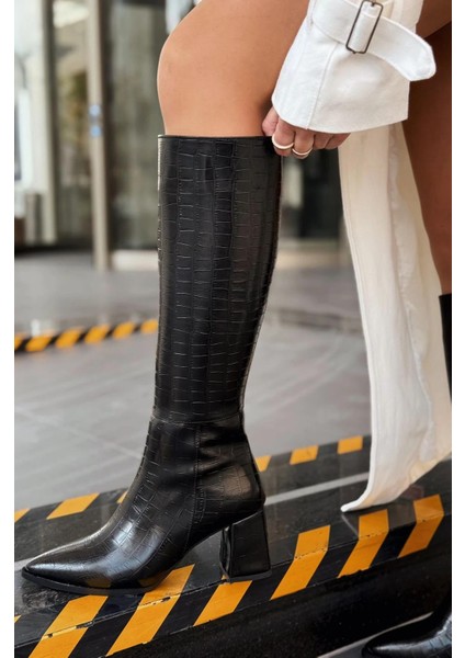 Oresi Siyah Kroko Topuklu Kadın Çizme modelleri