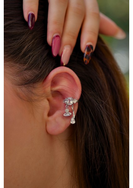 Üzeri Yuvarlak,kalp ve Baget Taşları Olan Damla Model Sallantılı Uçlu Earcuff modelleri