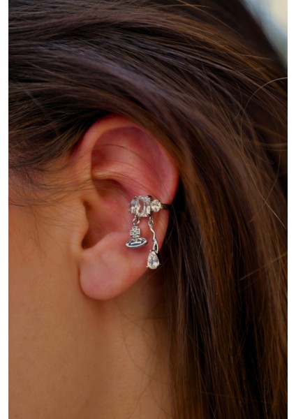 Üzeri Yuvarlak,kalp ve Baget Taşları Olan Damla Model Sallantılı Uçlu Earcuff fırsatları
