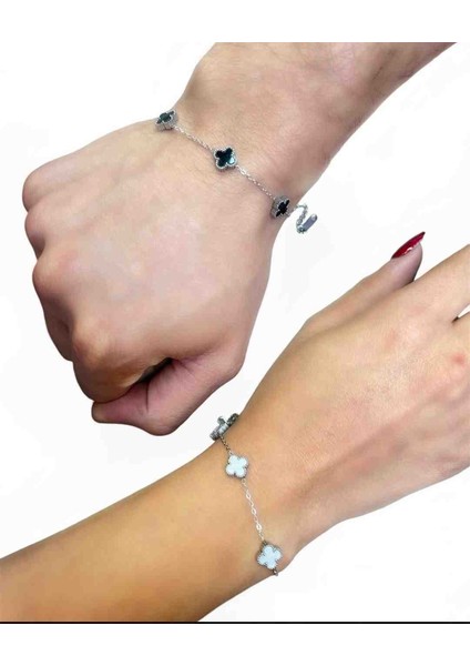 Silver Gümüş-Siyah Gümüş-Beyaz Çelik Yonca Çift Bilekliği 2li Set