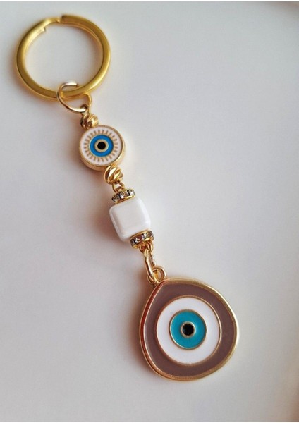 Hediyelik Zirkon Taşlı Bej Rengi Nazar Boncuklu Anahtarlık fiyatları