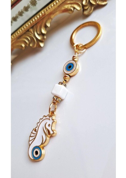 Hediyelik Nazar Boncuklu Şans Denizatı Beyaz Anahtarlık 10,5 cm fırsatları