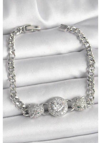 Pirinç Gümüş Renk Zirkon Taşlı Leopar Figür Zincir Model Kadın Bileklik - TJ-BB6829