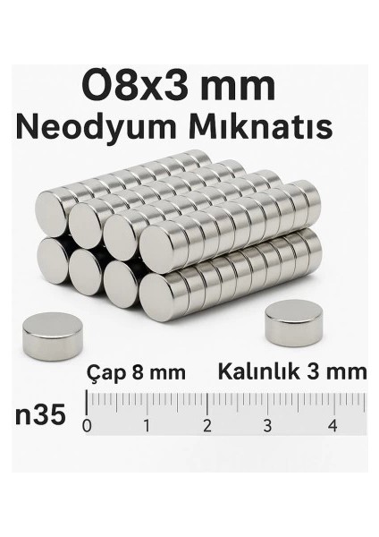 100 Adet 8X3MM Yuvarlak Neodyum Mıknatıs Güçlü Nikel Kaplamalı Kaliteli Dayanıklı Magnet ( Lisinya ) fiyatları
