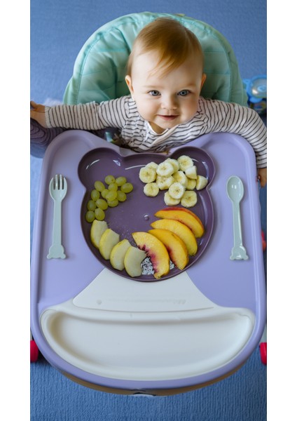 Mor Bebek Çocuk Alıştırma, Atıştırma Mama Tabağı Çatal Kaşık