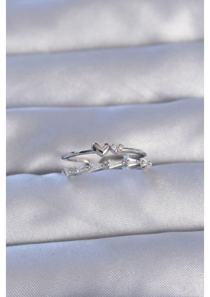 Pirinç Gümüş Renk Zirkon Taşlı Kalpli 2li Görünüm Ayarlanabilir Yüzük - Lisinya fiyatları