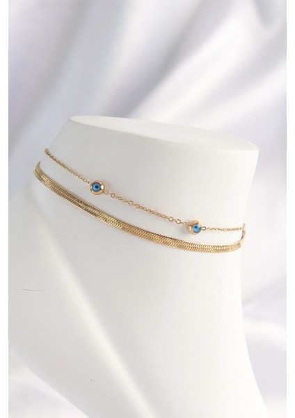 316L Çelik Gold Renk Nazar Boncuk Tasarımlı 2li Halhal - TJ-HH1607