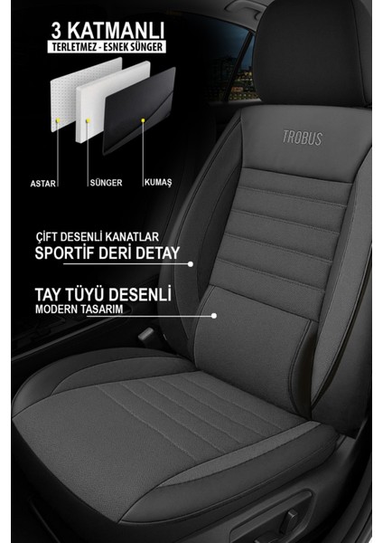 Volkswagen Passat B6/b7/b8 2005–2024 Saren Serisi Oto Koltuk Kılıfı 5’li Set – Airbag & Kolçak Uyumlu, 3 Katman, Pike+Lakost+Deri Füme fiyatları