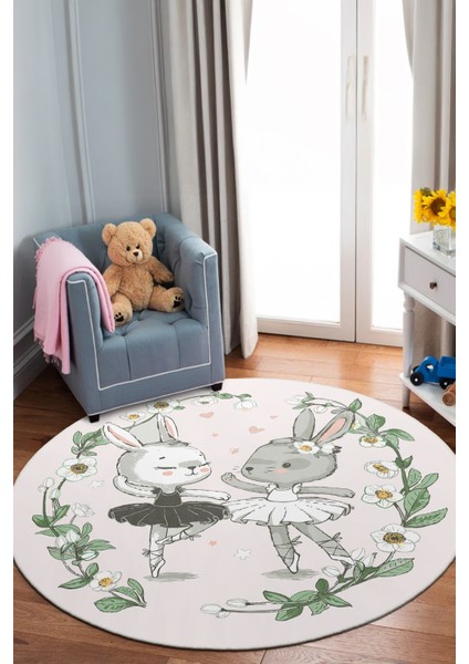Tavşan Figürlü Yuvarlak Yıkanabilir Kaymaz Taban Çocuk Odası Halısı