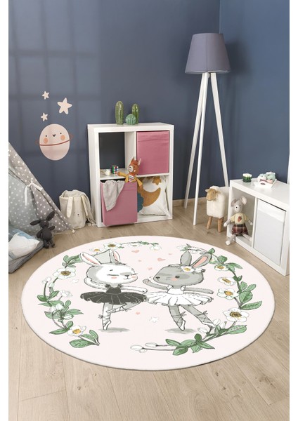 Tavşan Figürlü Yuvarlak Yıkanabilir Kaymaz Taban Çocuk Odası Halısı fırsatları