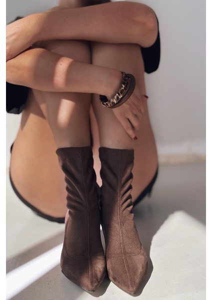Loravo Süet Ince Topuklu Acı Kahve Çorap Bot modelleri